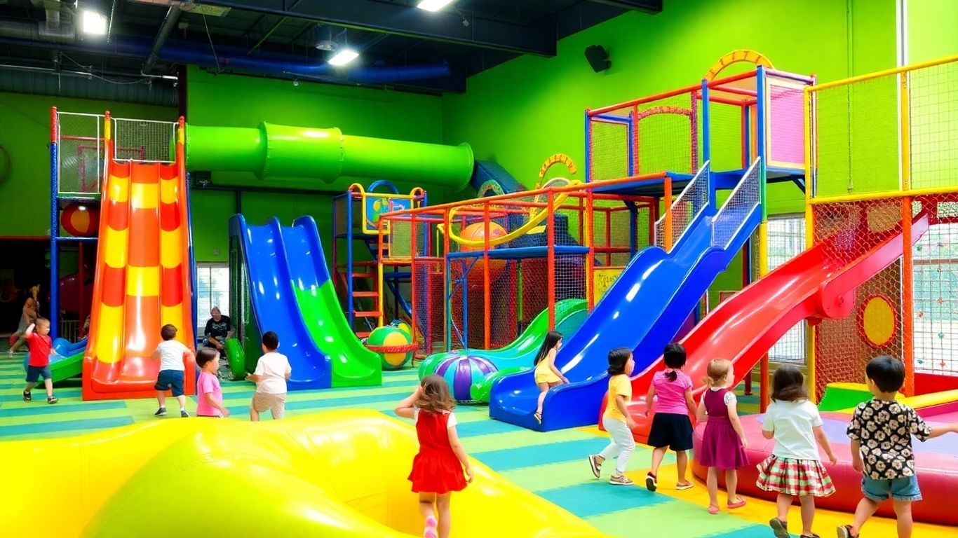 Kids playing in a colourful indoor play centre.