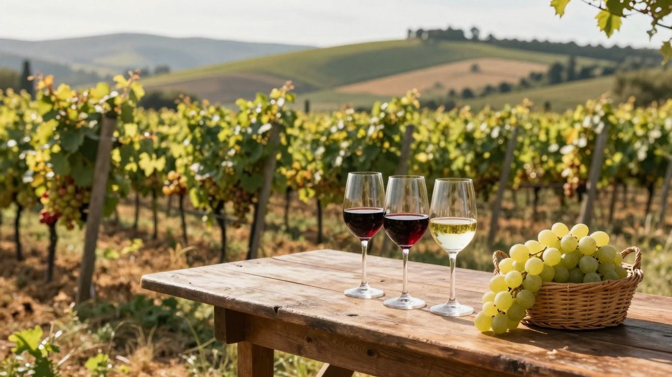 Podgorii însorite cu pahare de vin și struguri.