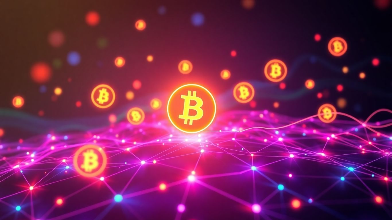 Digital finance with crypto icons and network connections.