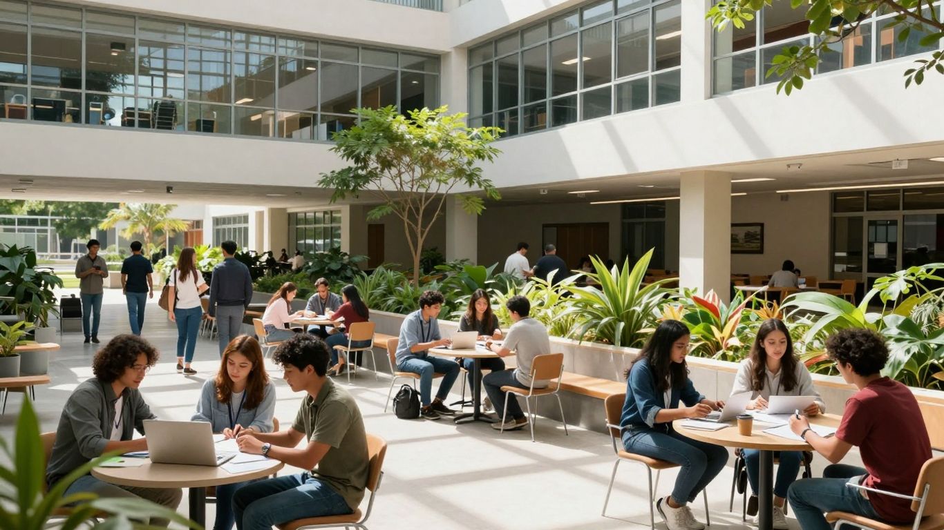 NJIT campus with students collaborating and modern architecture.