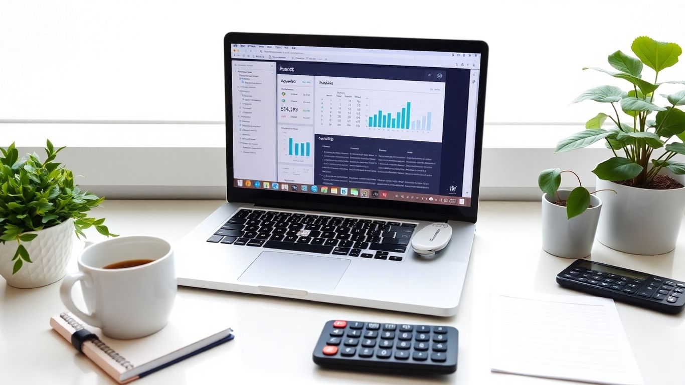 Modern workspace with laptop and accounting tools