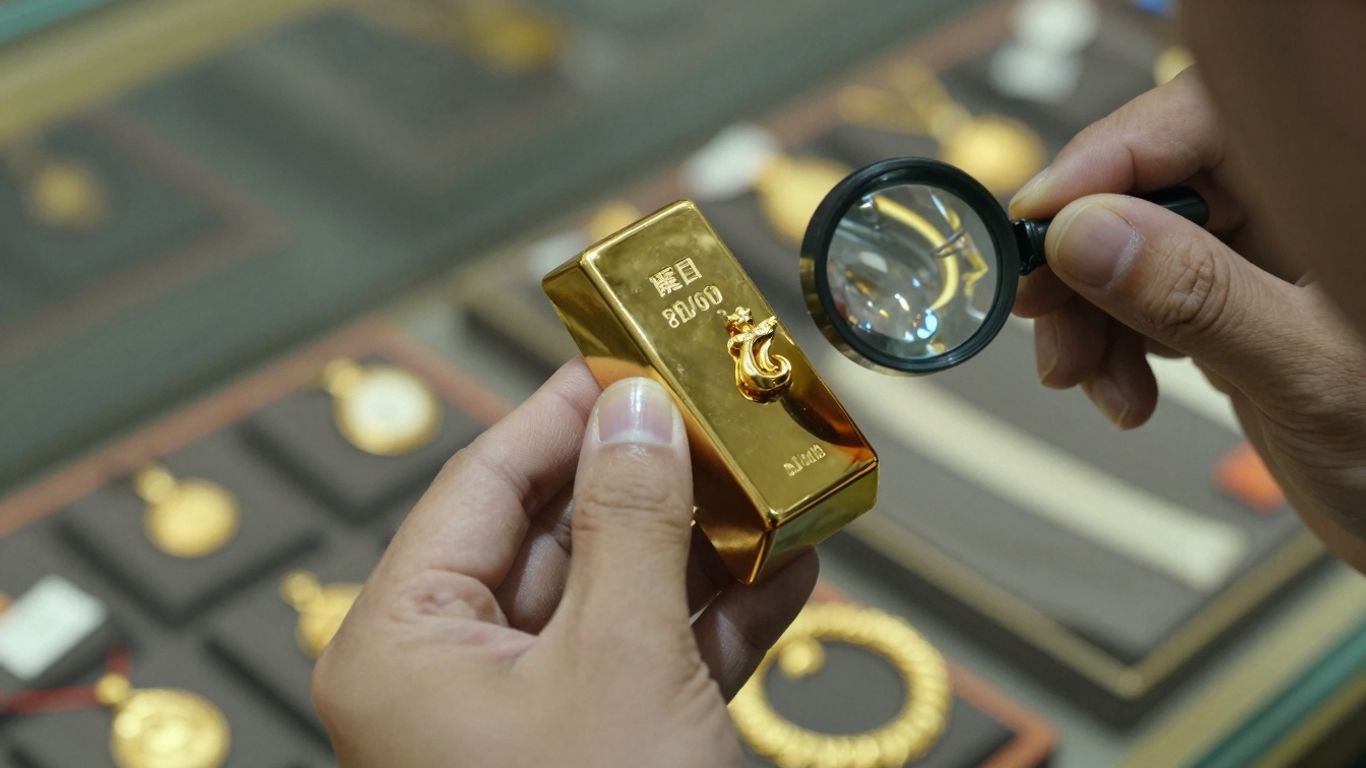 一位专业人士正在用放大镜检查黄金首饰。