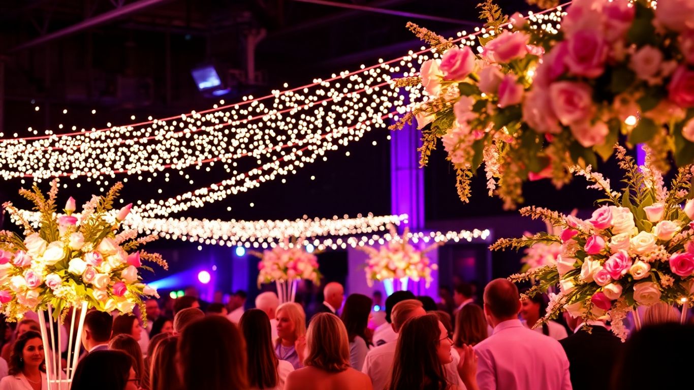 Elegant event decor with blush pink accents and sparkling lights.
