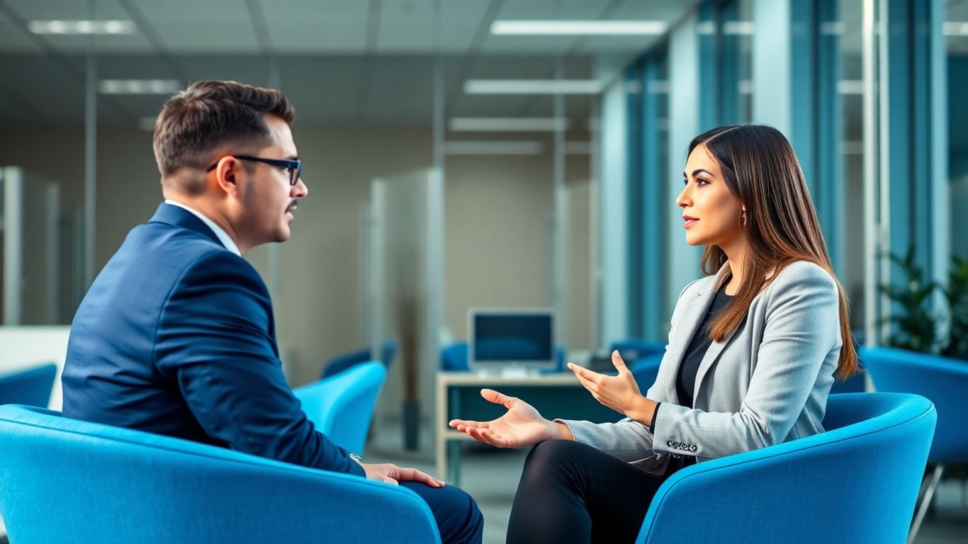 Professionelles Bewerbungsgespräch im modernen Büro mit blauen Akzenten.