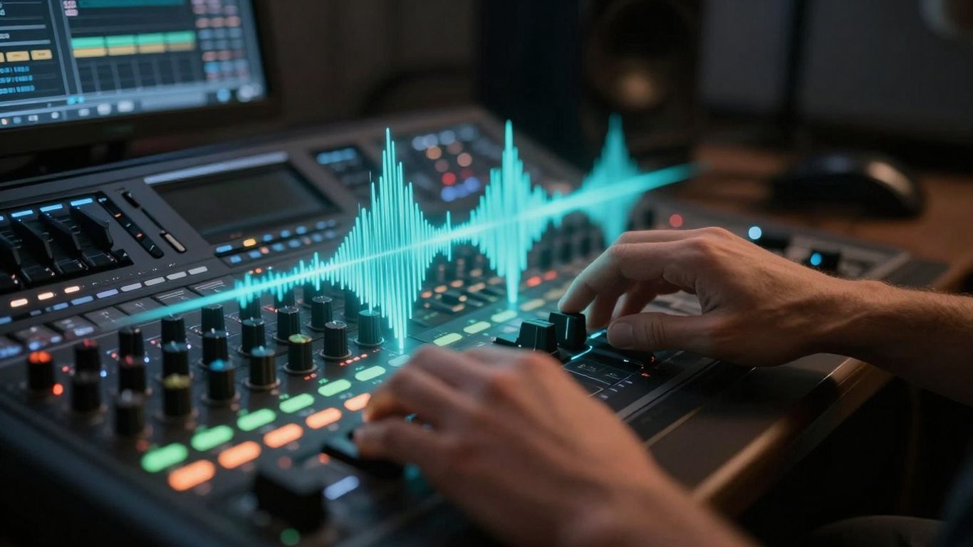 Hands creating music on a digital audio workstation.