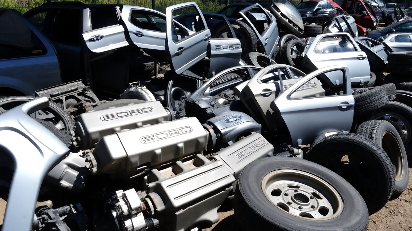 Ford car parts in a wrecking yard