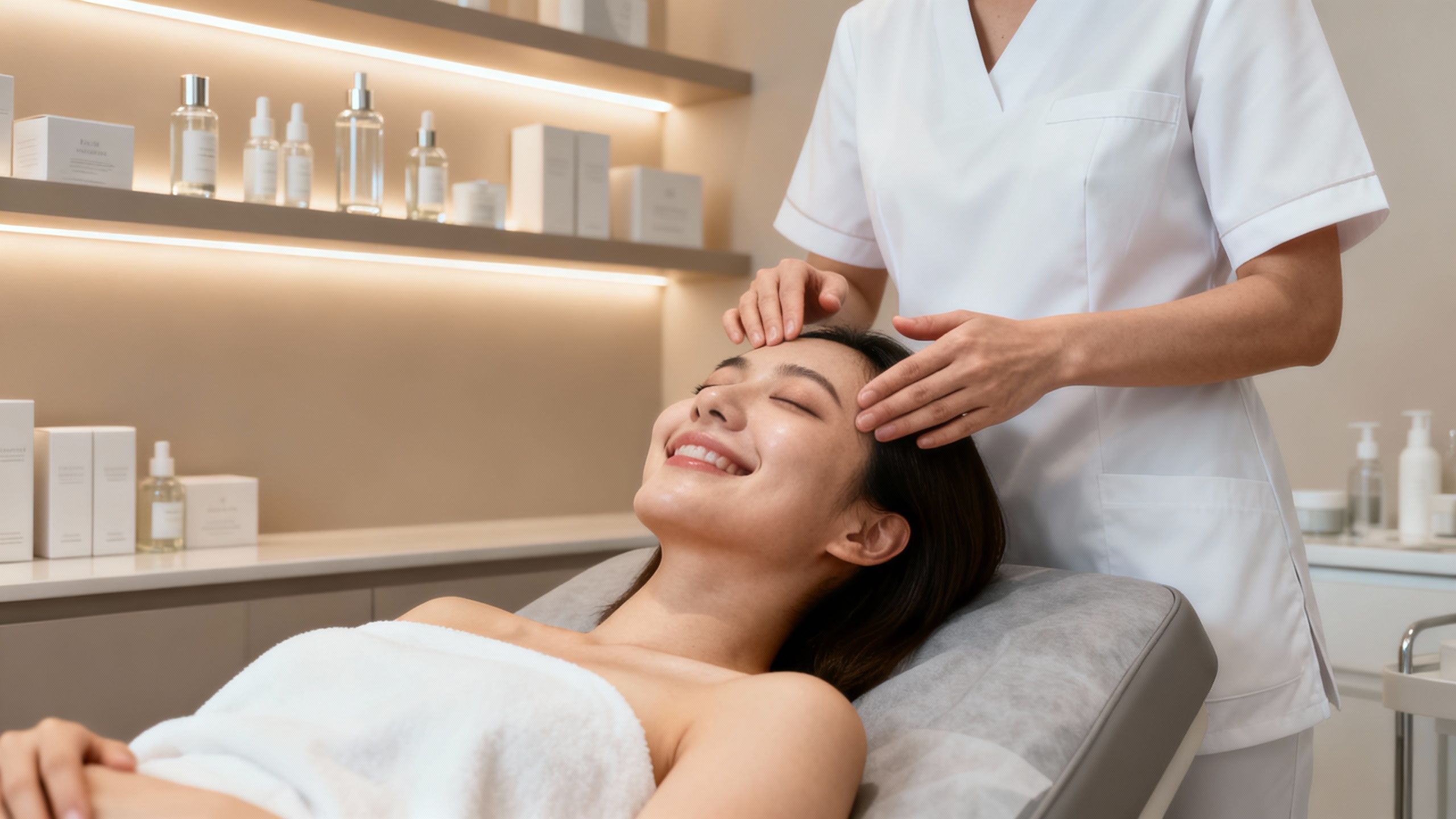 Customer enjoying a facial treatment in a modern aesthetic clinic.