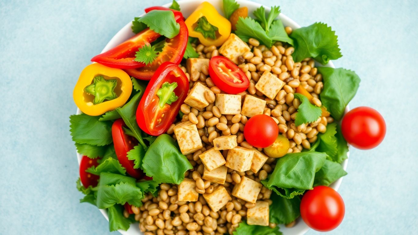 Assiette colorée de nourriture vegan équilibrée et appétissante.