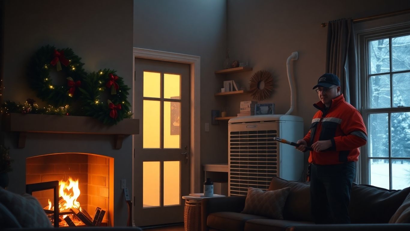 Holiday home with HVAC technician checking unit.