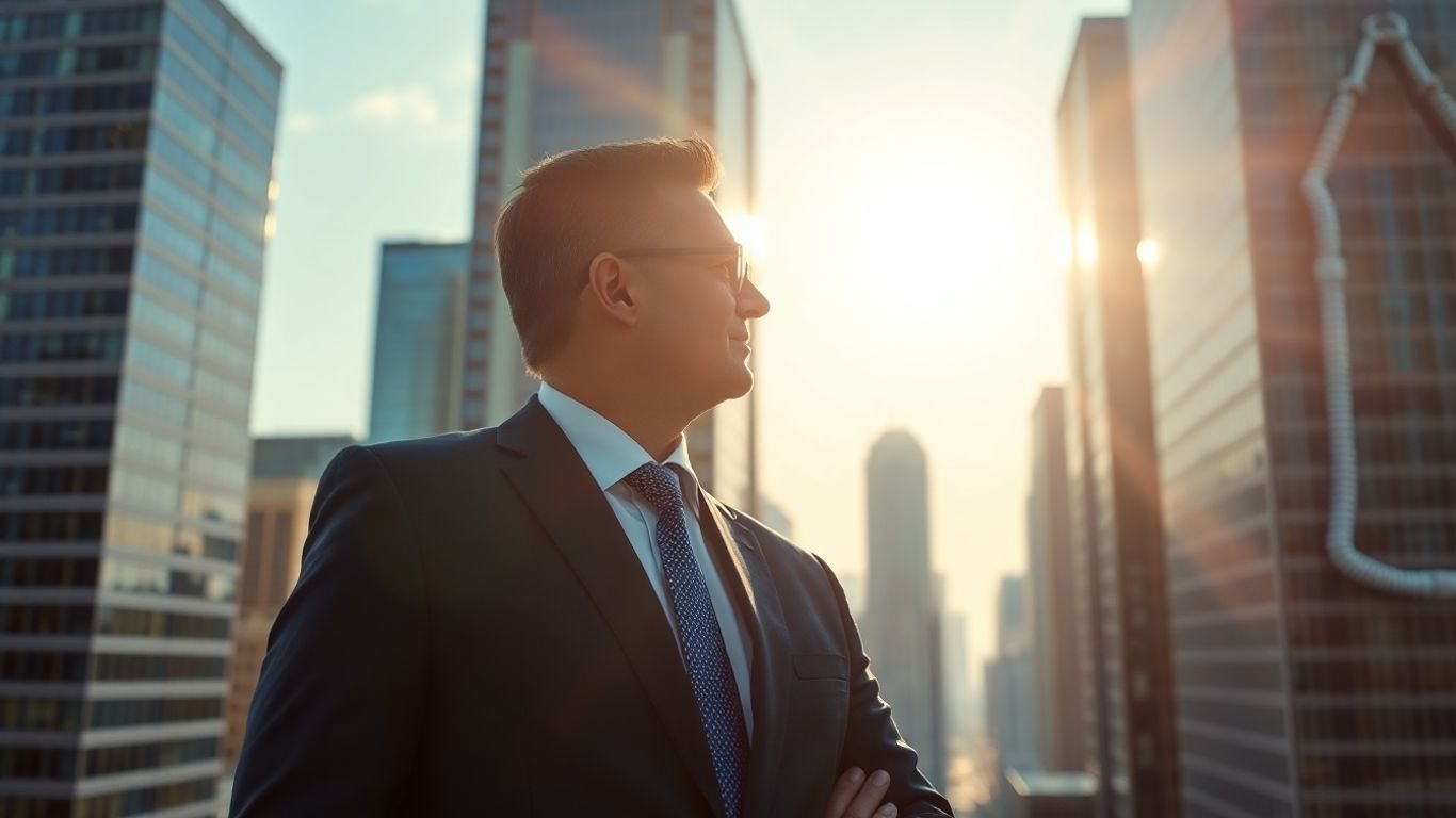 Investment strategist overlooking city skyline.