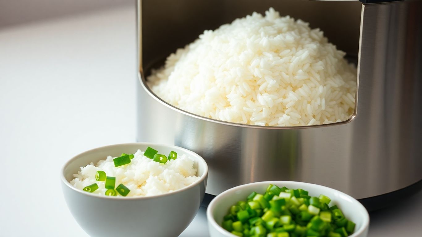 Steaming rice in a rice cooker with scallions.
