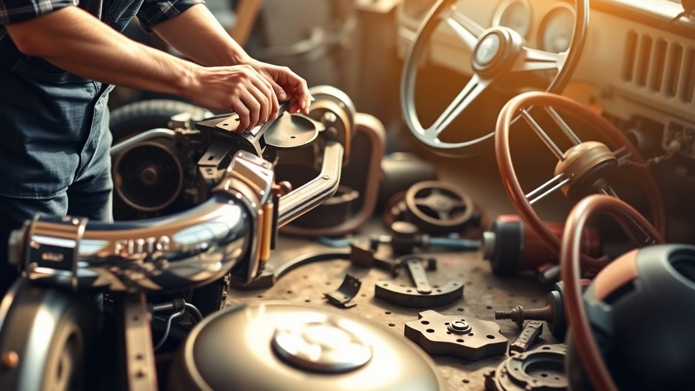 Mechanic working on classic Fiat car parts