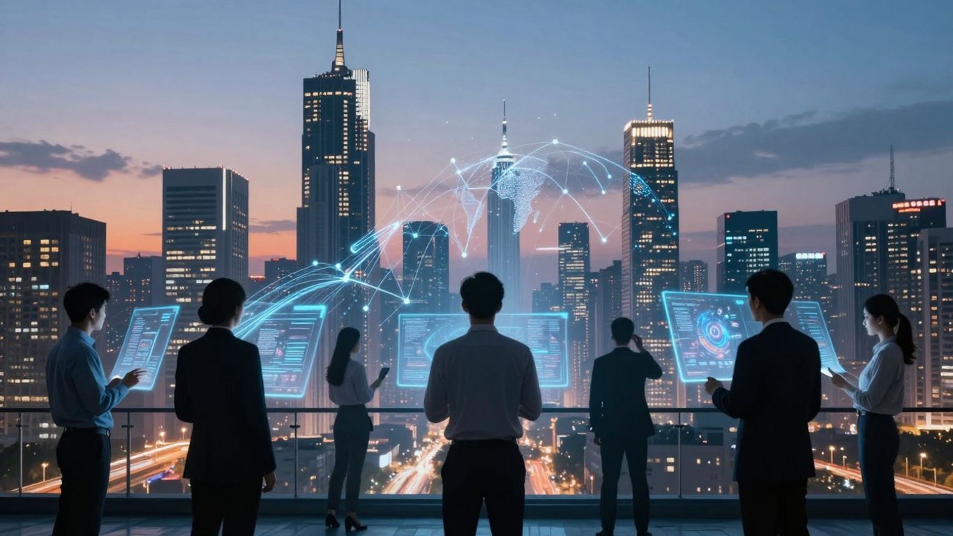 Futuristic cityscape with digital streams and holographic interfaces.