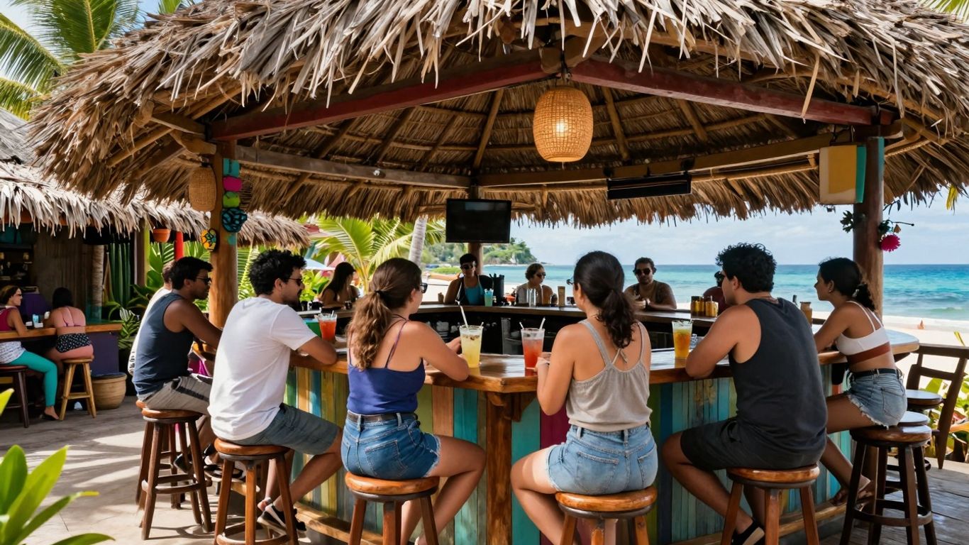Tiki Bar in Cabo with tropical decor and ocean view.
