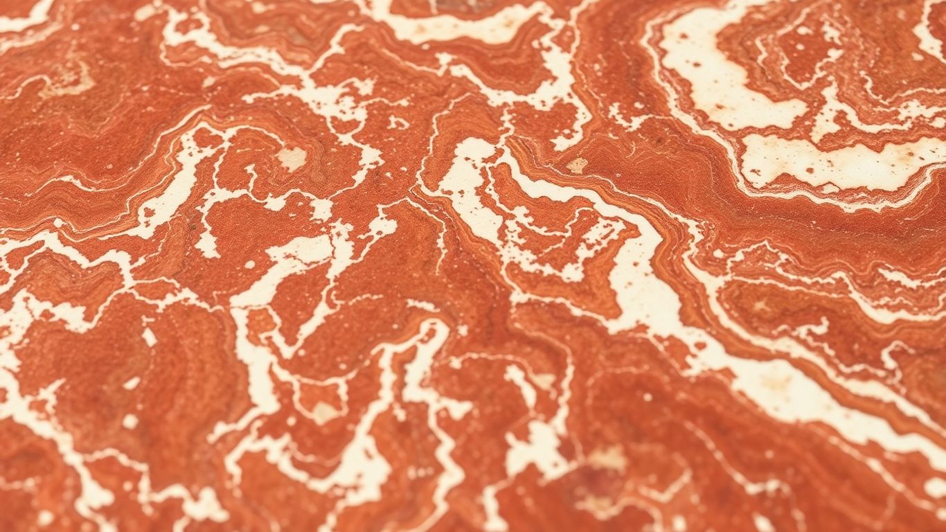 Polished Breccia Vino marble with red and brown swirls.