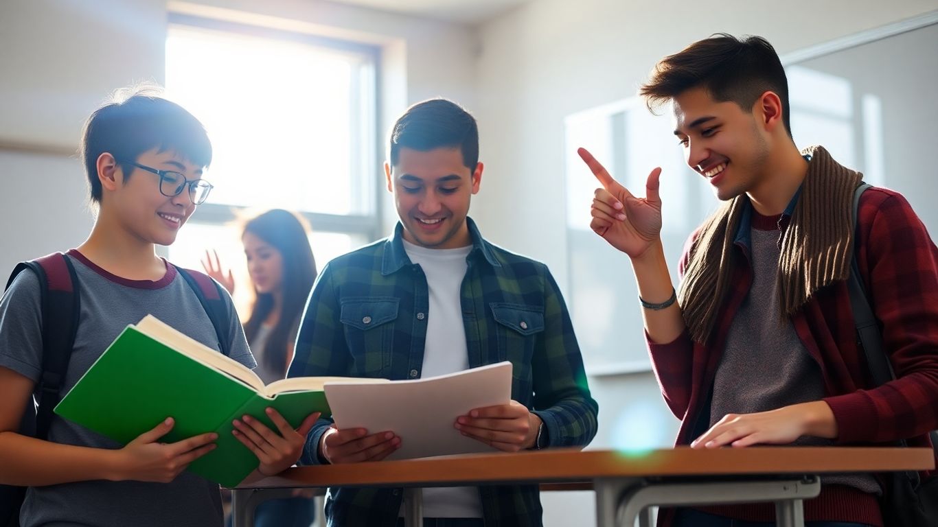 Estudantes aprendendo em sala de aula moderna com luz solar.