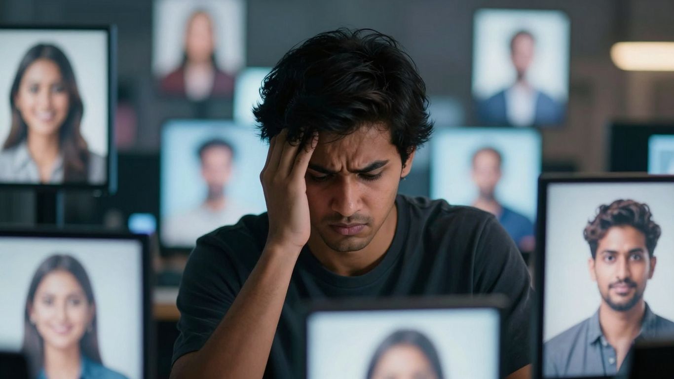 O persoană stresată comparându-se cu imagini idealizate online.