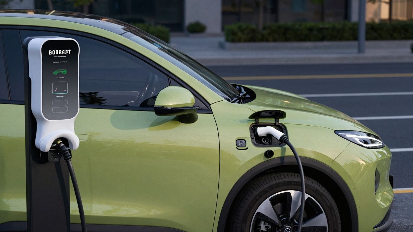 Voiture électrique en charge, borne silencieuse, rue calme.