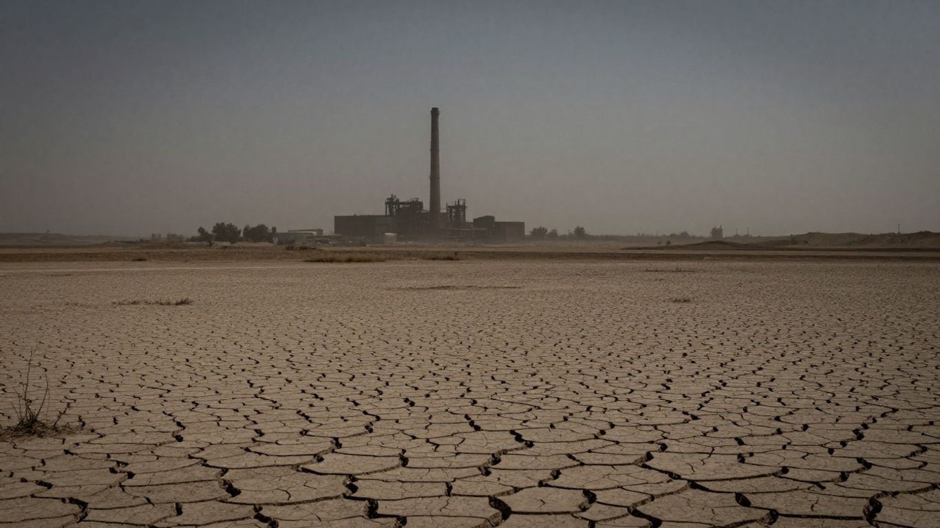 Засушливый европейский пейзаж, высохший завод, растрескавшаяся земля.