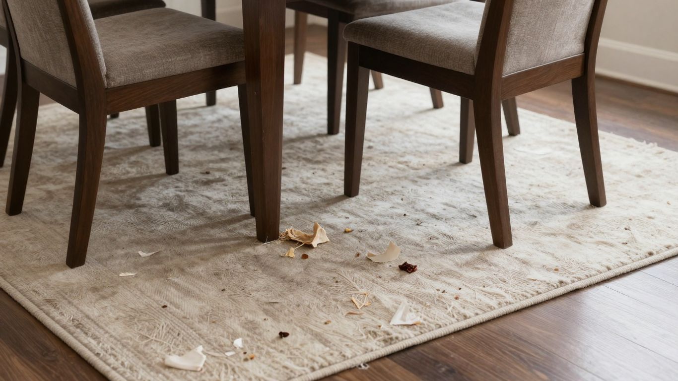 Teppich unter Esstisch mit Krümeln und Flecken
