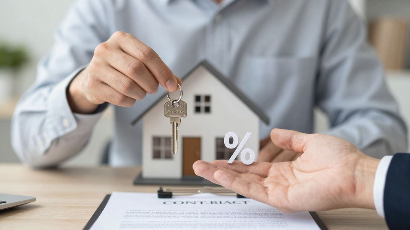 Homeowner receiving mortgage contract with percentage symbol.