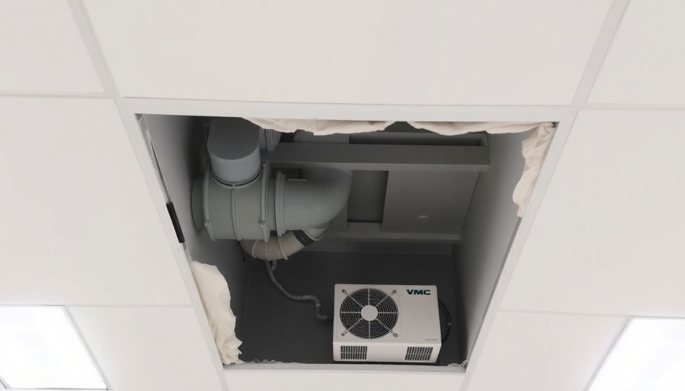 VMC unit and ducts hidden behind a false ceiling.