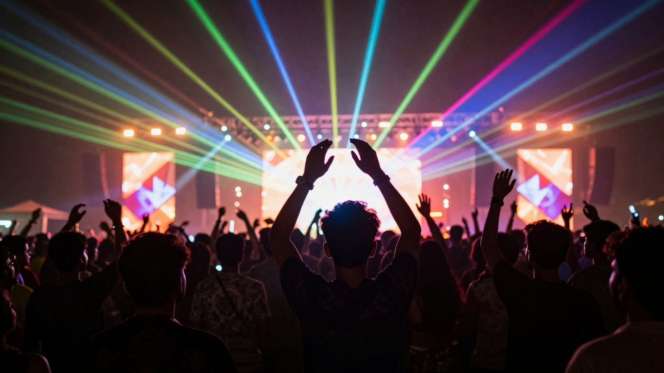 Crowd dancing at a vibrant, energetic outdoor rave with lasers.