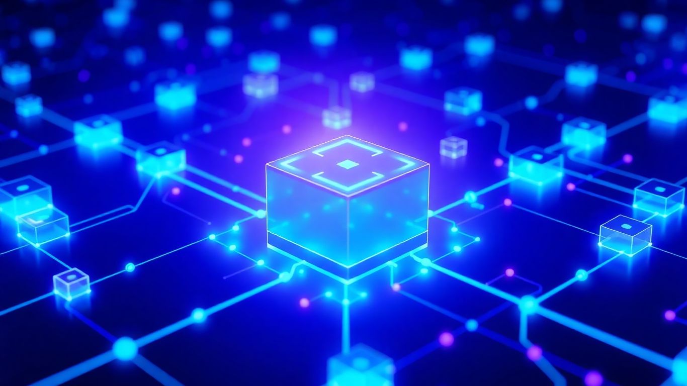 Interconnected glowing blocks forming a blockchain network.