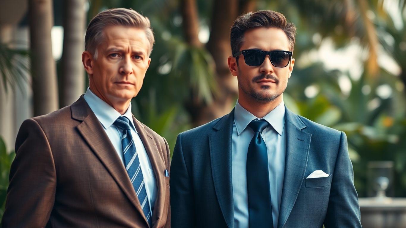 Professional bodyguard ensuring client safety in a tropical setting.