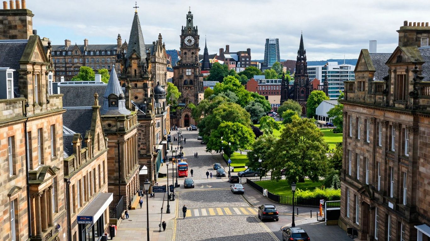 Glasgow cityscape with Victorian architecture and green parks.