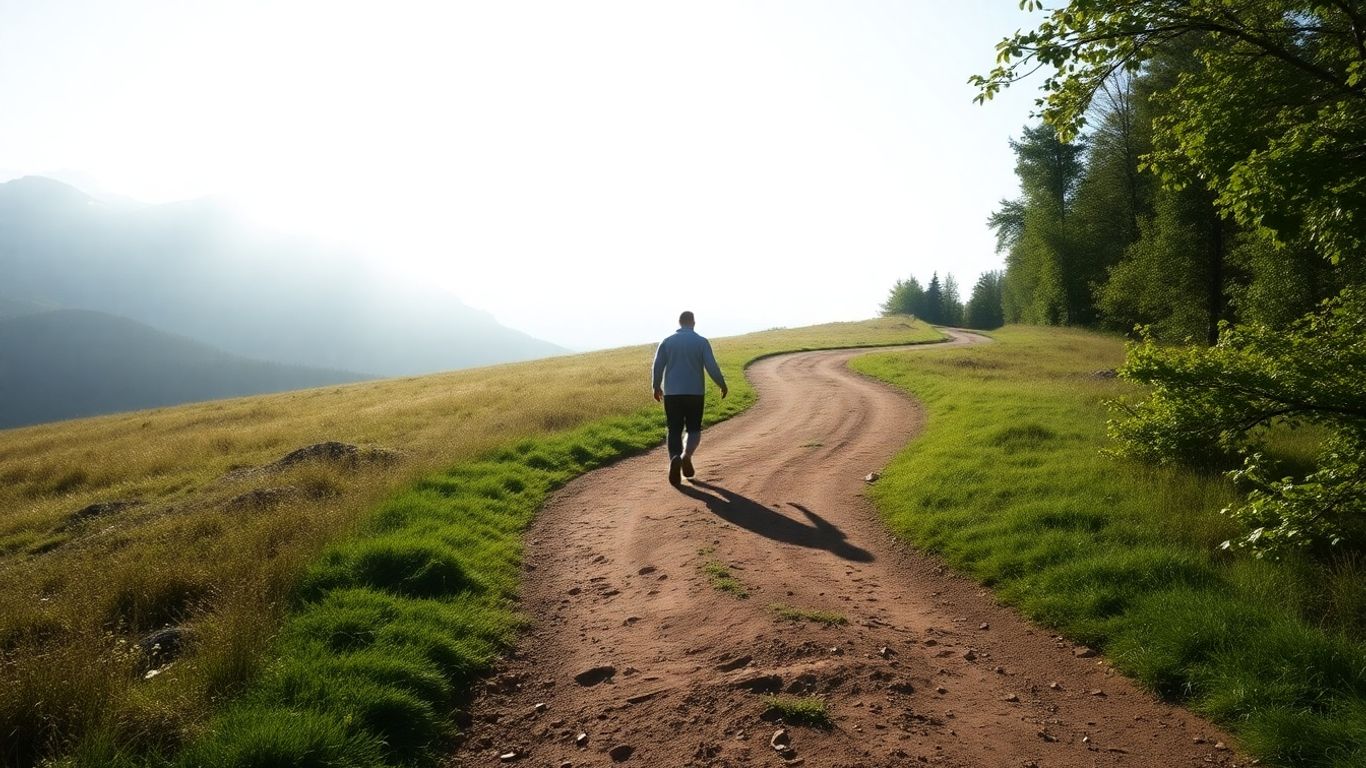 Person walking on a path towards sunlight