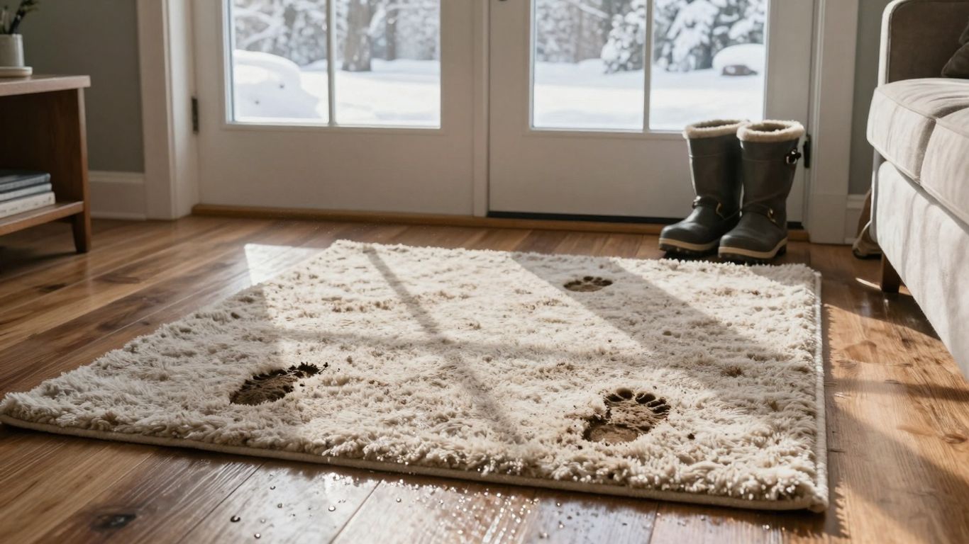 Muddy footprints on a rug near snow boots.
