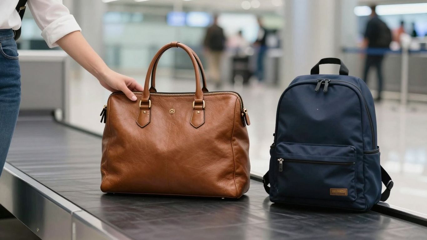Handtasche und kleiner Rucksack auf Gepäckband am Flughafen.