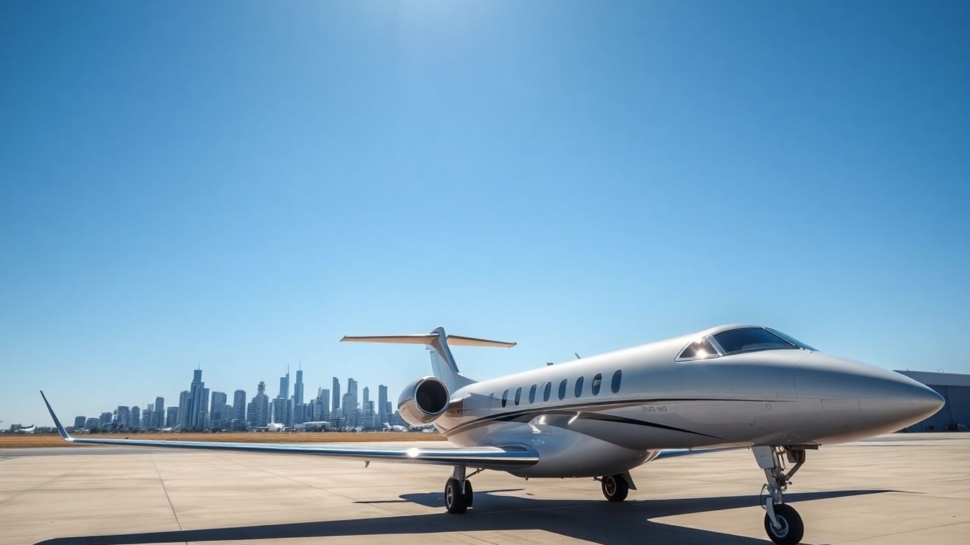 Private jet at Dallas airport with skyline view.