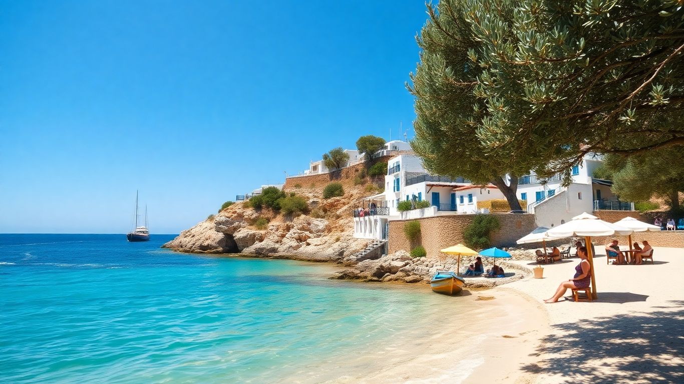 Idyllic Greek island beach with turquoise water and boats.