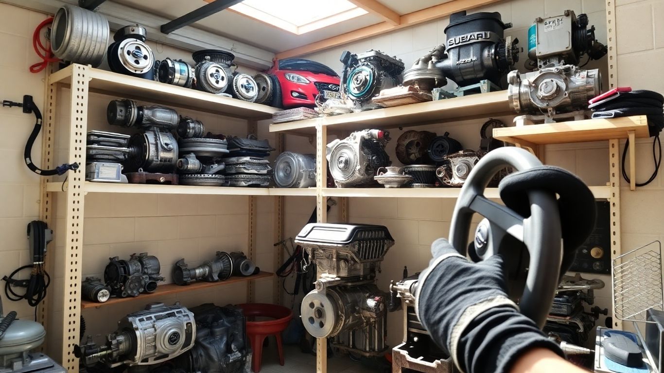 Subaru car parts in a workshop