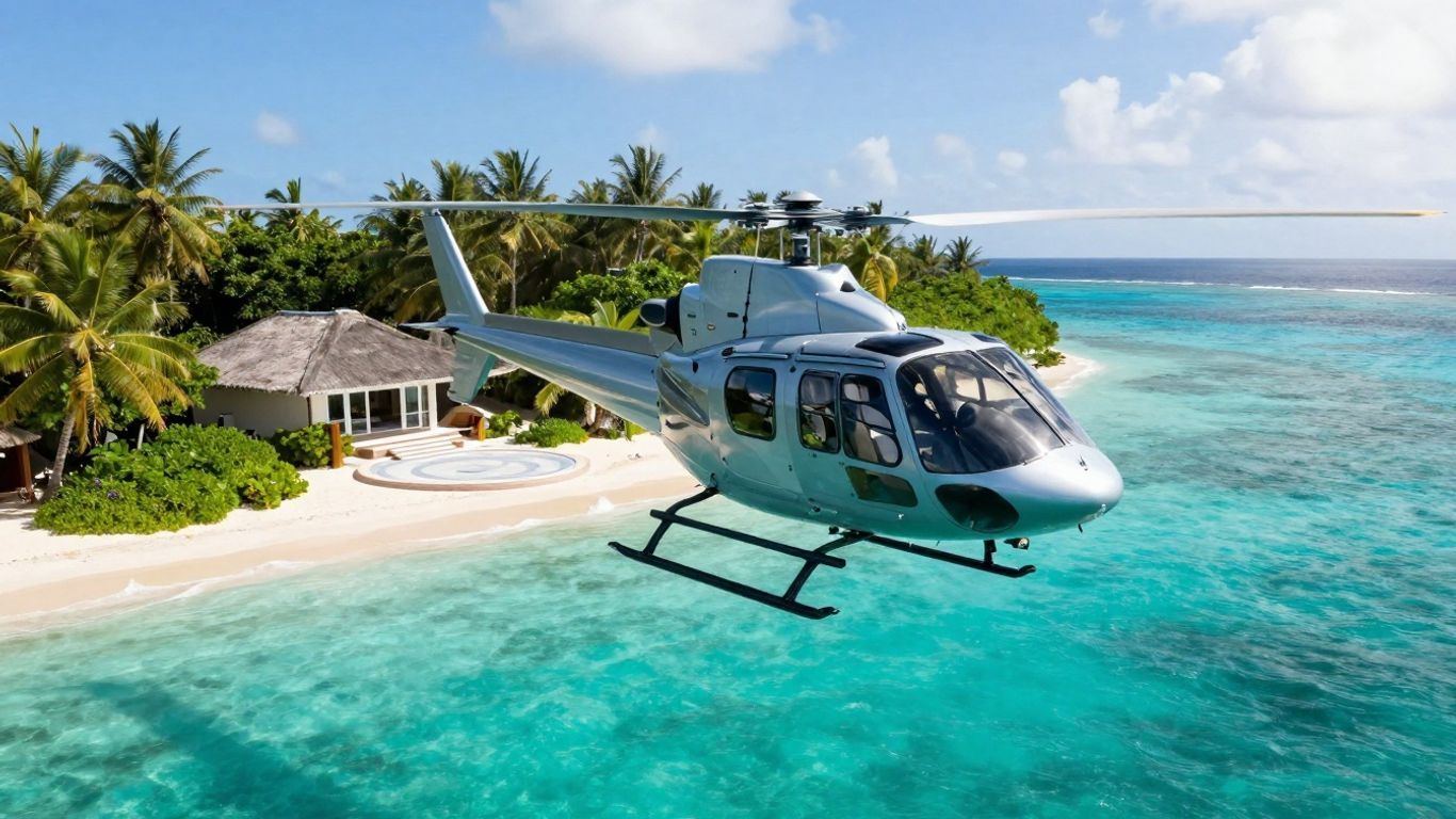 Helicopter approaching luxury island villa.