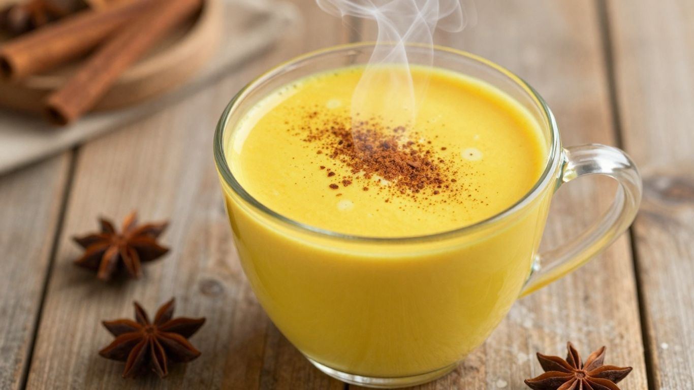 Goldene Milch in einer Tasse mit Zimt und Sternanis.