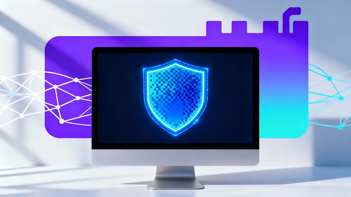 Computer screen with digital shield and firewall graphic.