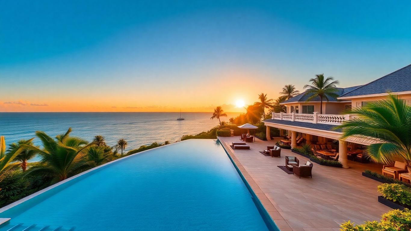 Opulent villa with infinity pool overlooking turquoise ocean at sunset.