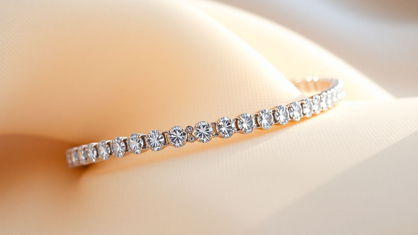 Sparkling diamond tennis bracelet on luxurious fabric.