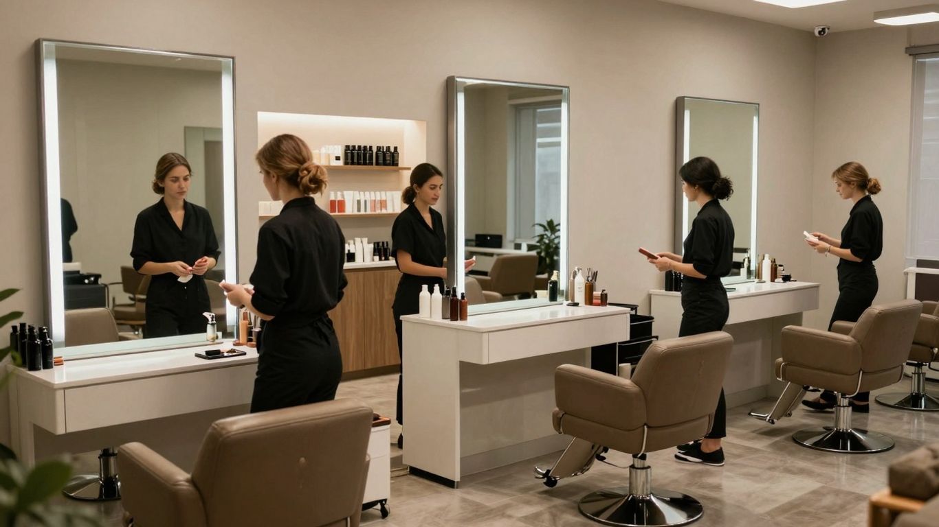 Modern beauty salon interior with efficient staff.