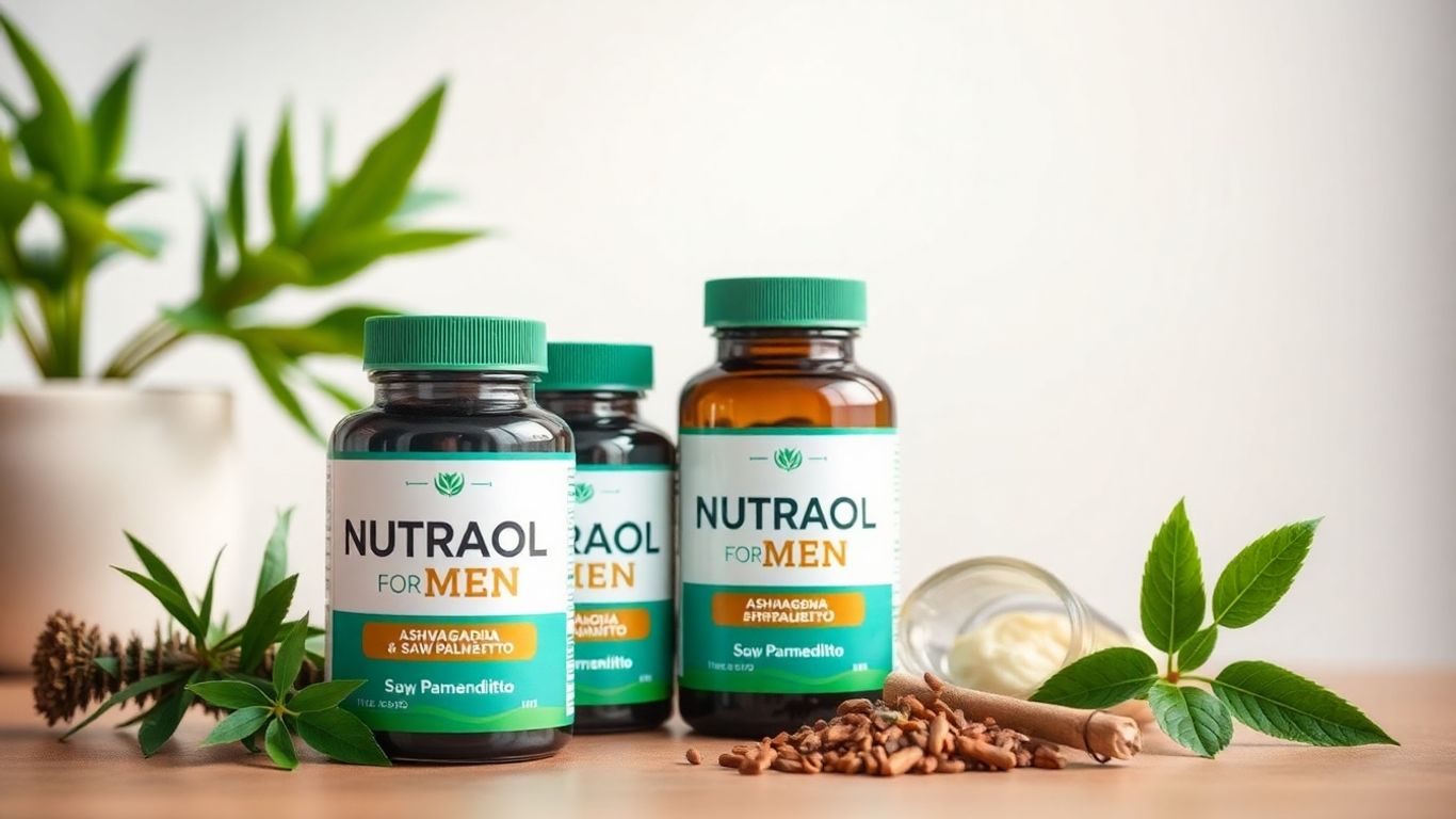 Nutrafol for Men bottles and natural ingredients.