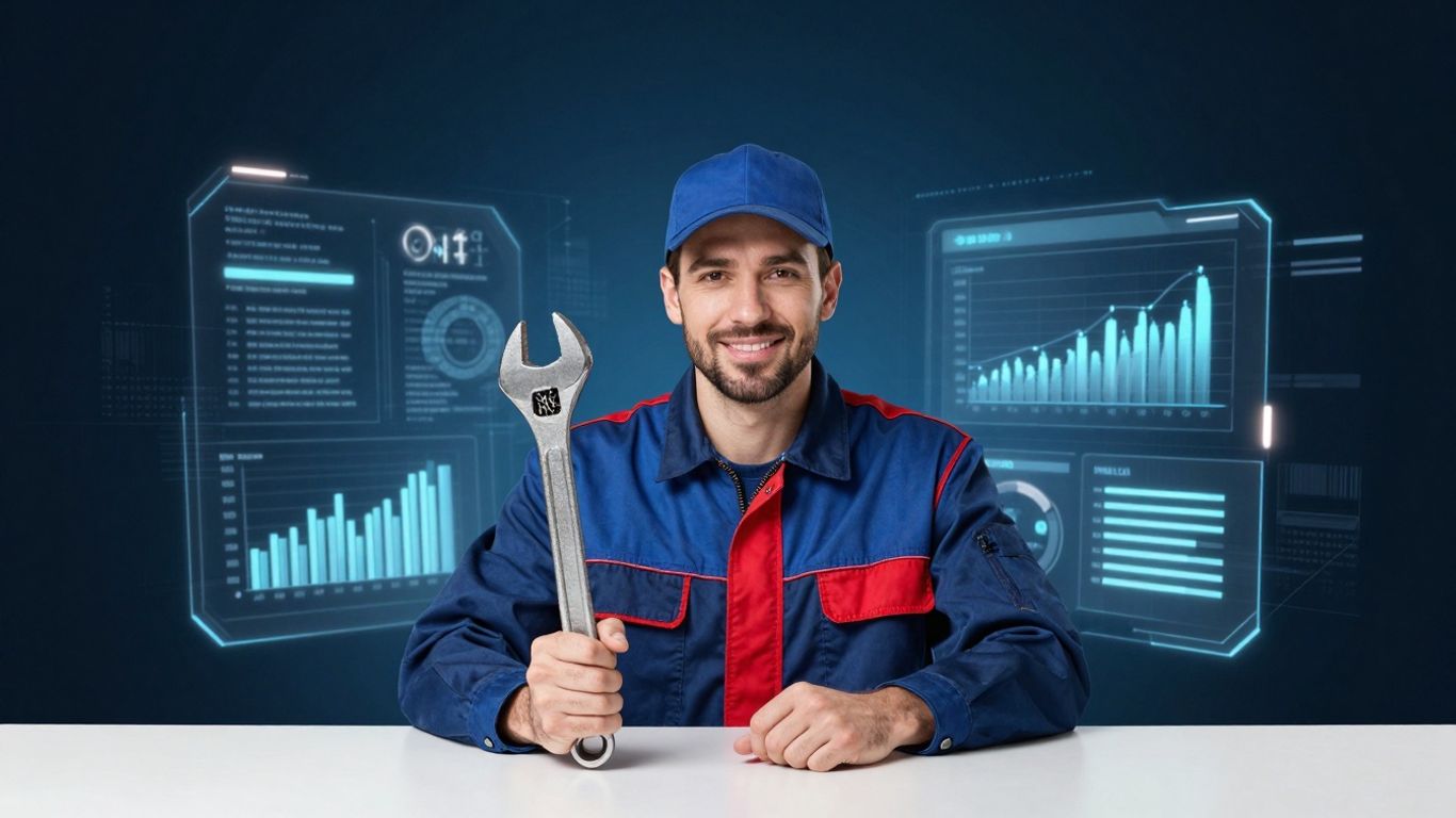 Plumber with wrench and digital success elements.