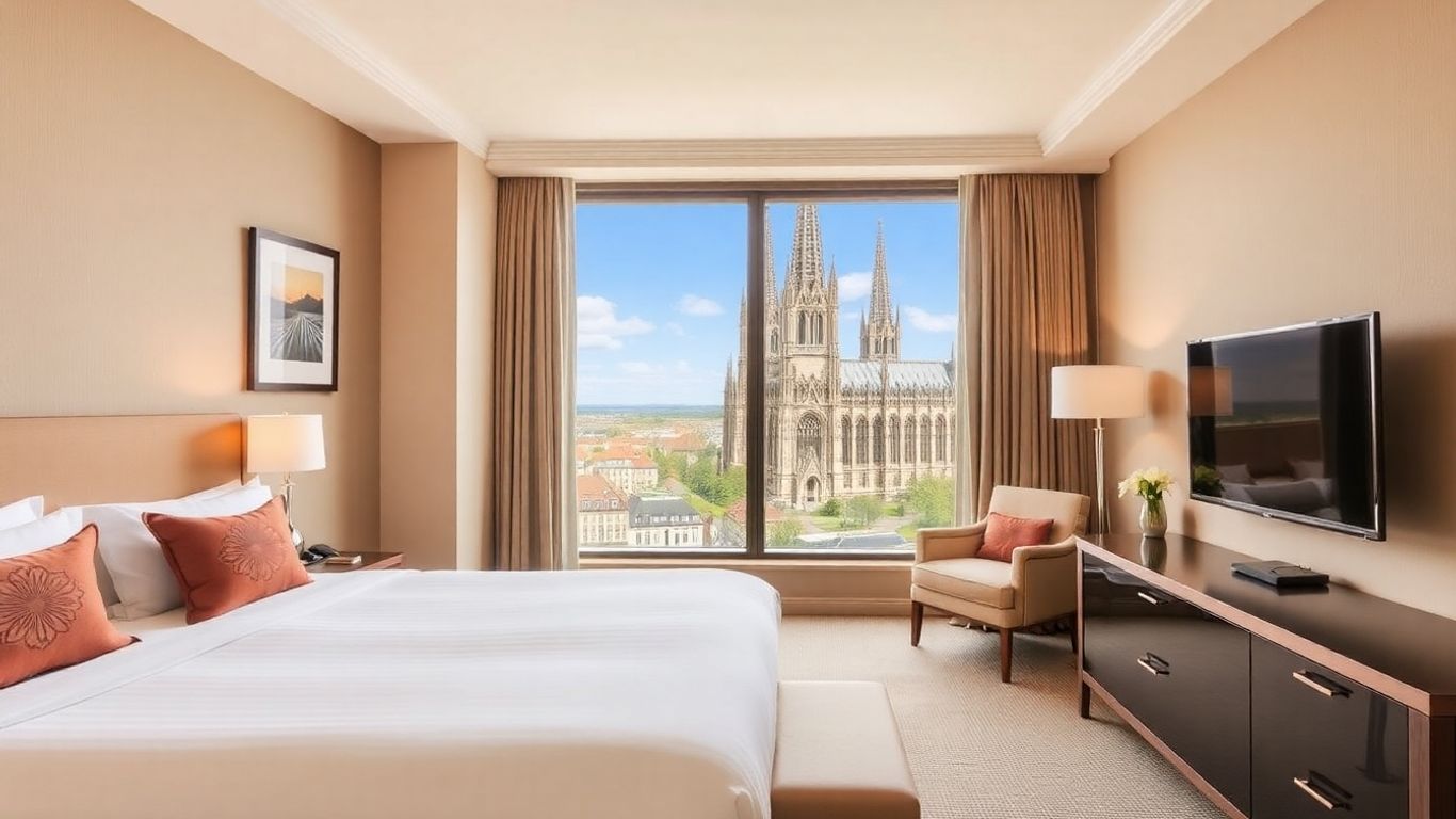 Luxuriöses Hotelzimmer mit Blick auf den Kölner Dom.