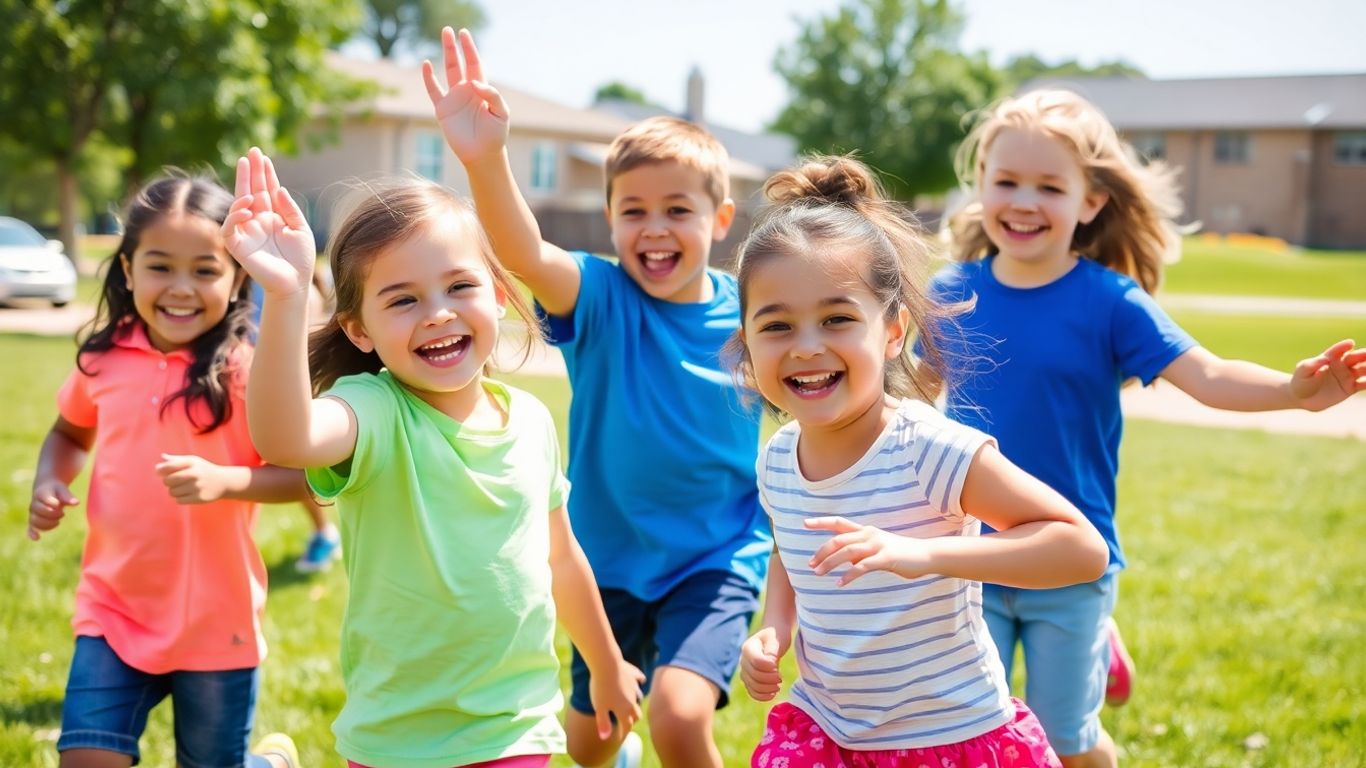 Kinder spielen und bewegen sich fröhlich im Freien.