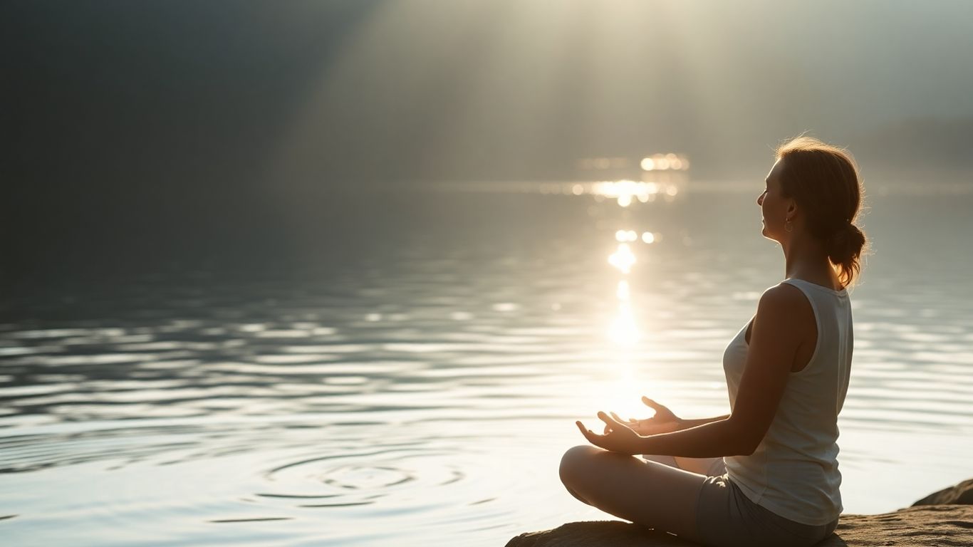 Personne méditant paisiblement au bord de l'eau.