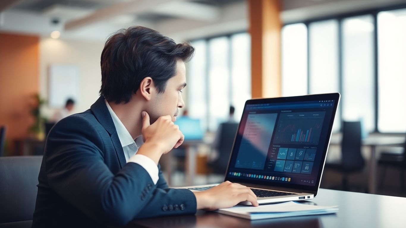 Business person analyzing digital interface on laptop screen.