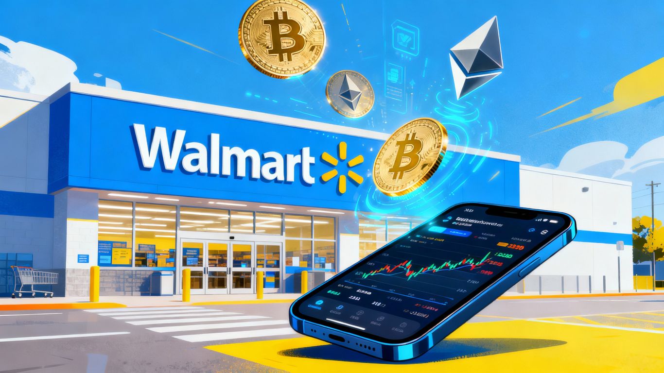 Walmart storefront with Bitcoin and Ethereum coins