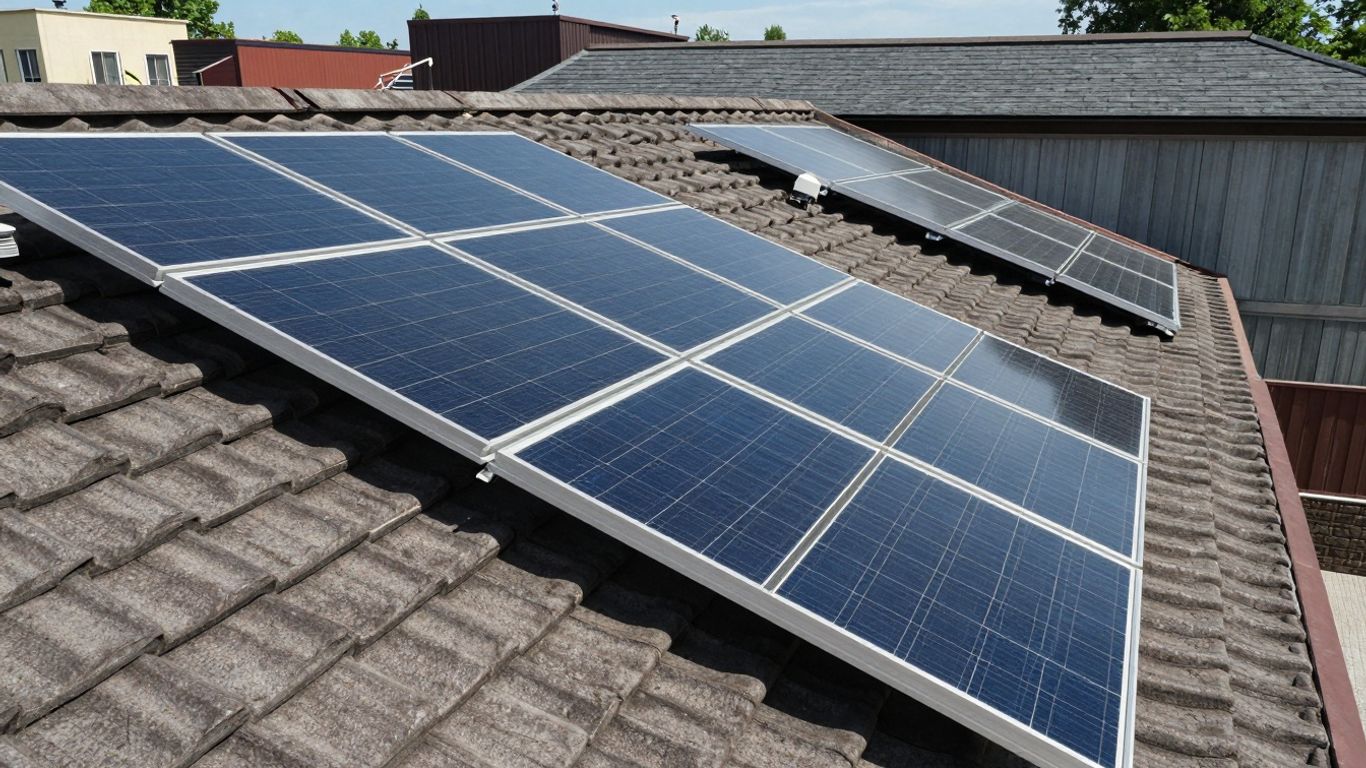 Toit avec potentiel pour panneaux solaires sous un ciel ensoleillé.